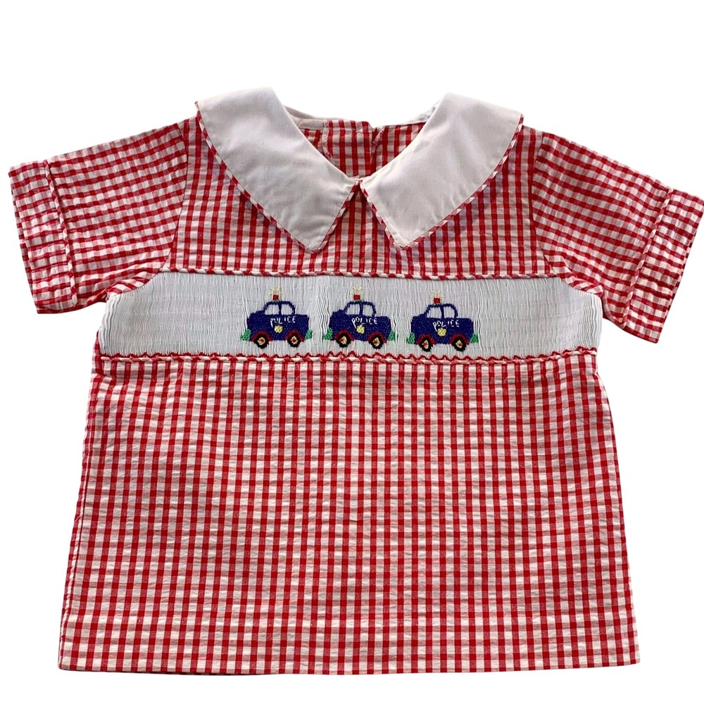Castles and Crowns Smocked Shirt Baby 12-18M Red Gingham Police Car Southern